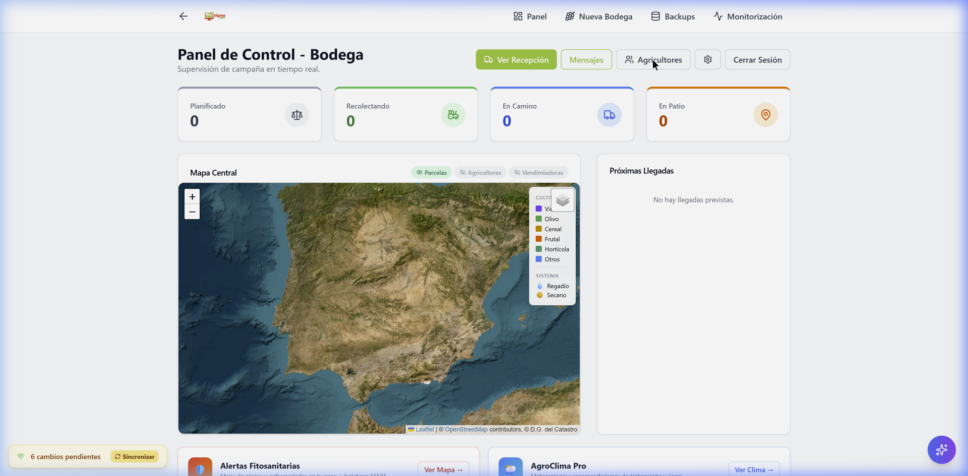 Panel de control de bodega de SigmaAgro con mapa y seguimiento de campaña